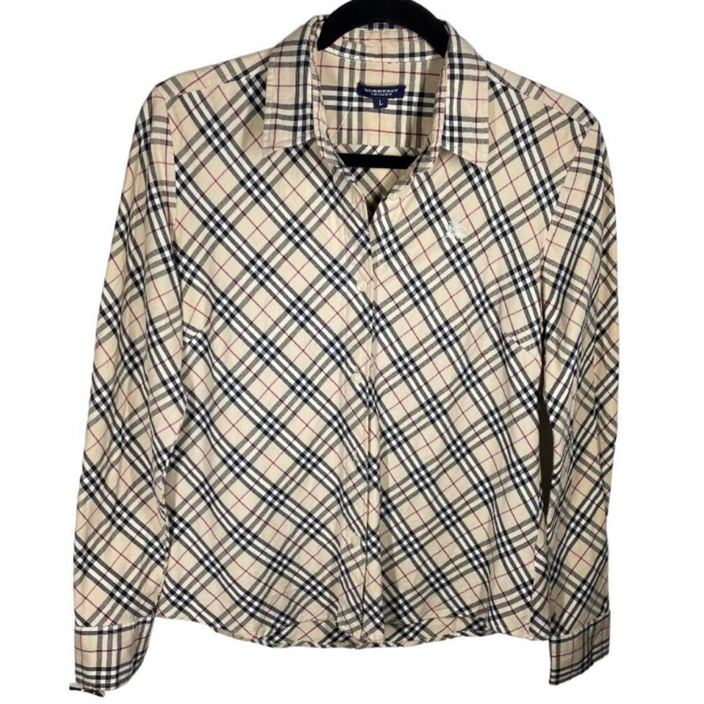 Burberry London Button Up Shirt Tan Black Red Womens Size Large
